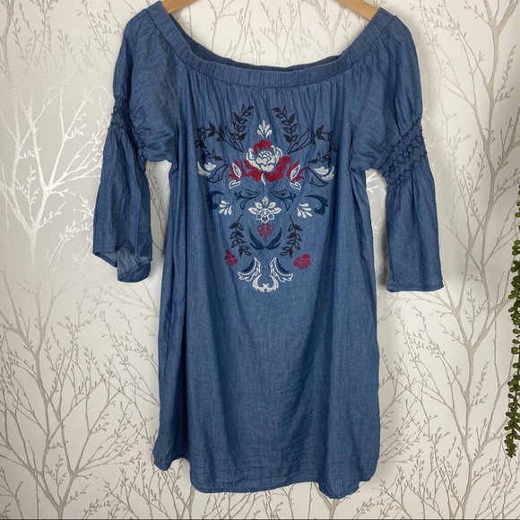 BLUE RAIN Blue Embroidered BOHO Off-Shoulder Mini Dress w/ Pockets Medium - Picture 2 of 10